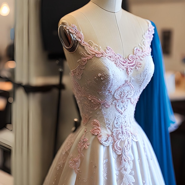 A mannequin with a pink dress with pink flowers on it.