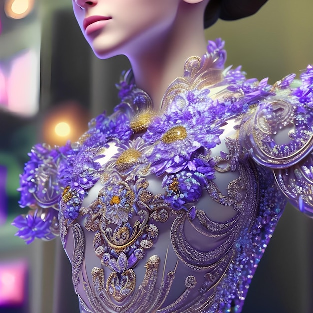 A mannequin with a purple dress and purple flowers.