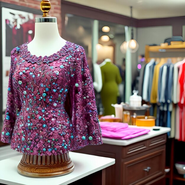 A mannequin with a purple shirt on display in a store.