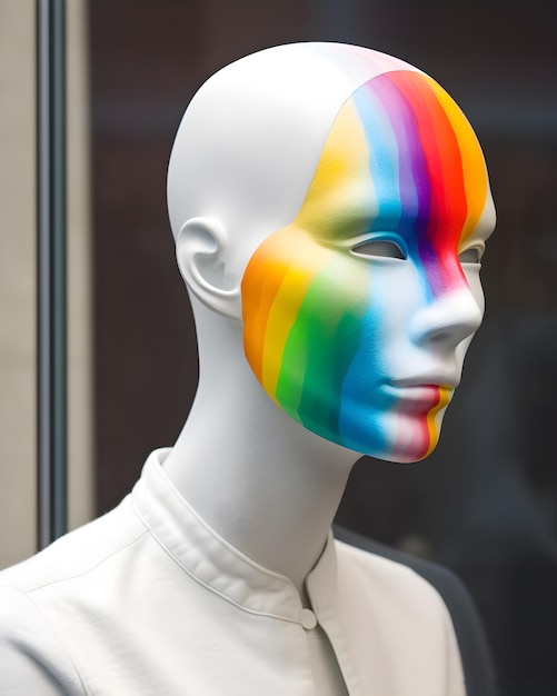 A mannequin with a rainbow face painted on it