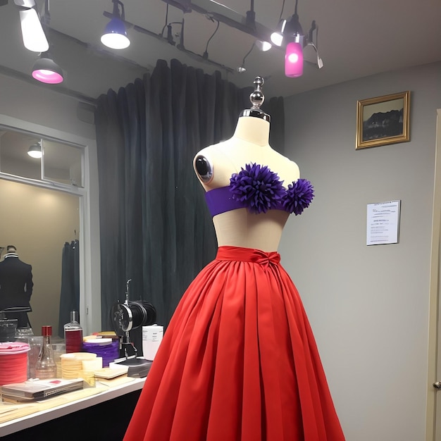 A mannequin with a red skirt and purple skirt.