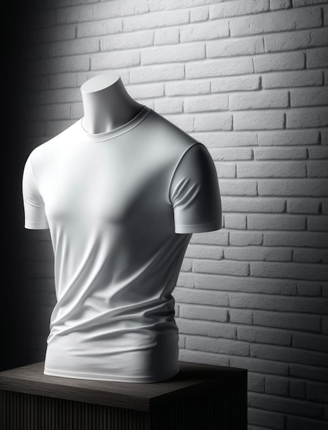 A mannequin with a white shirt on a wooden table.