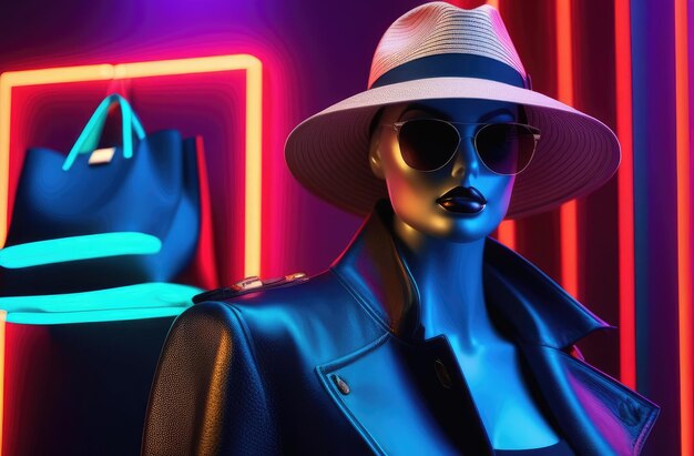 mannequin of woman in hat and sunglasses in store with neon light trendy shopping fashion sale