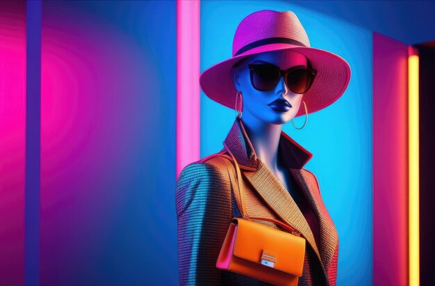 mannequin of woman with handbag hat and sunglasses on vibrant background fashion collection sale