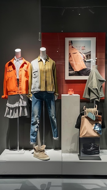 Photo mannequins are elegantly styled featuring contemporary clothing and accessories in a retail storefront designed for fashion enthusiasts