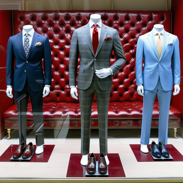 Mannequins in stylish suits showcasing the latest fashion trends in a retail shop