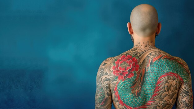 A mans back adorned with a colorful and intricate traditional Japanese tattoo symbolizing artistry and tradition