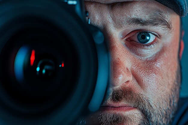 Photo a mans eye gazes intensely through the lens of a camera