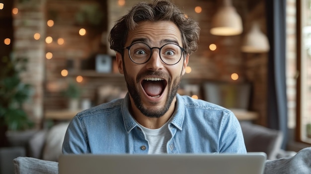 Mans face of surprise while using laptop