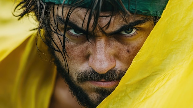 Mans face wearing a traditional Brazilian capoeira outfit intense focus park background