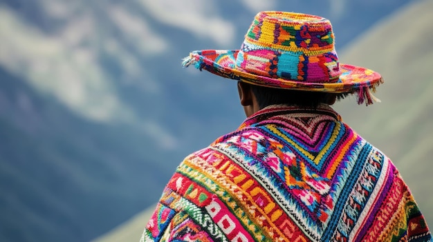 Mans face wearing a traditional Colombian poncho mountain range in the background sunny day