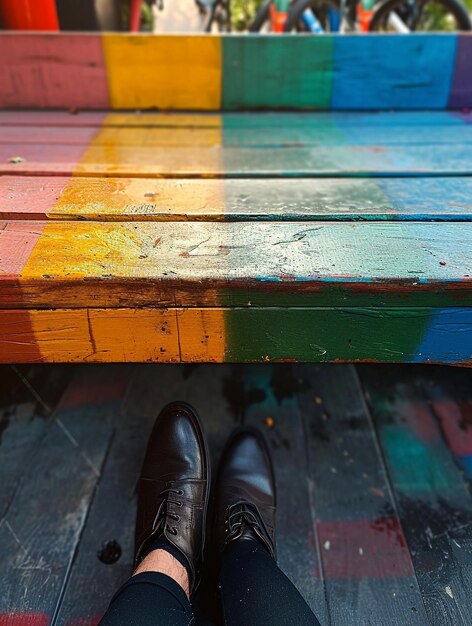 a mans feet standing next a colorful bench in the style of rainbowcore black photo taken