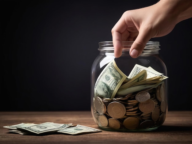 Mans Hand Depositing Golden Coins into a Glass Jar Saving Money Concept