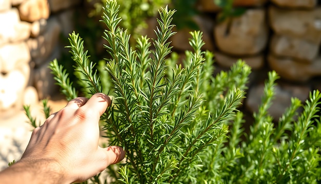 Photo a mans hand gently touches a lush rosemary plant in an outdoor garden in puglia italy