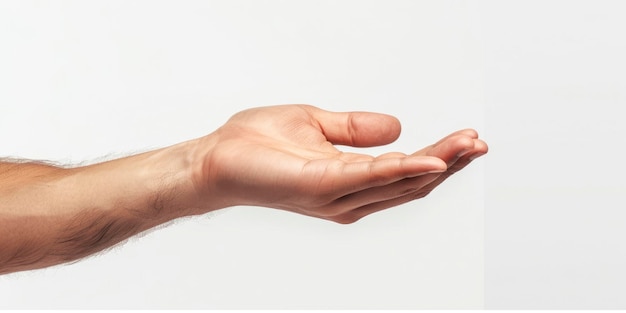 Mans hand holding open palm up on white background Palm up close up