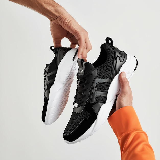 Photo a mans hand holding a trendy black sneaker isolated on a white background