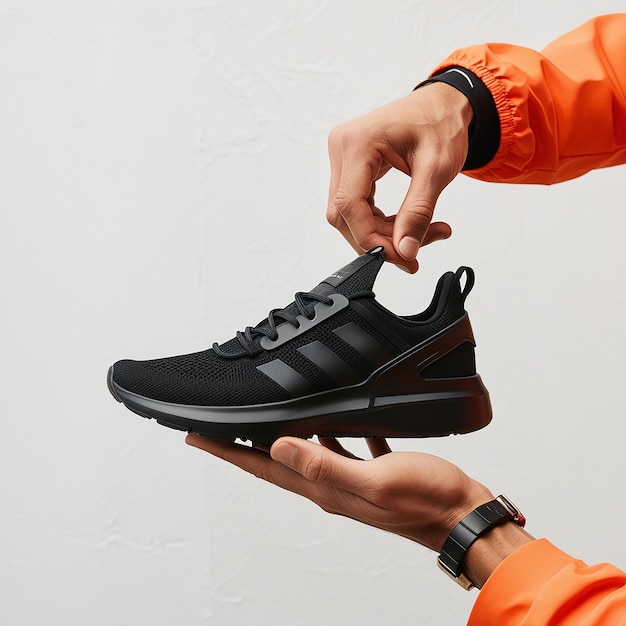 Photo a mans hand holding a trendy black sneaker isolated on a white background