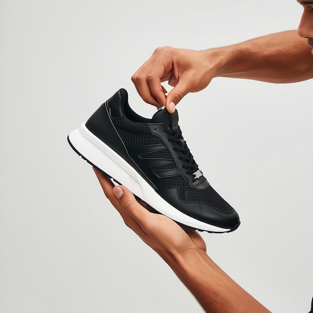 Photo a mans hand holding a trendy black sneaker isolated on a white background