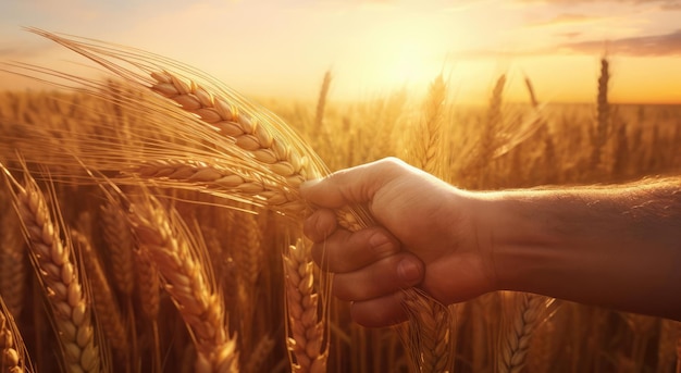 A mans hand holds spikelets of grain