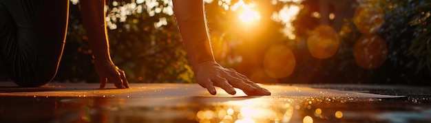 a mans hand is holding a board with the sun behind him