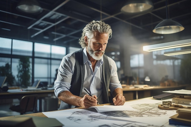 A mans hand is looking at a drawing of a building with a city in the background