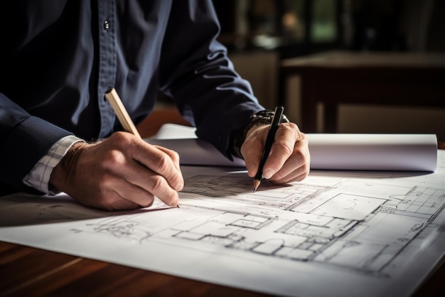 A mans hand is looking at a drawing of a building with a city in the background