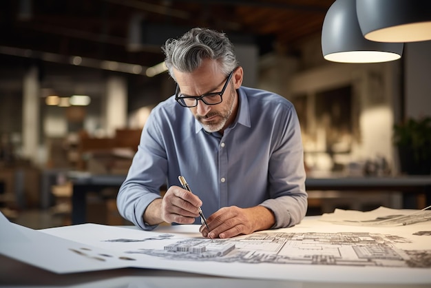 A mans hand is looking at a drawing of a building with a city in the background