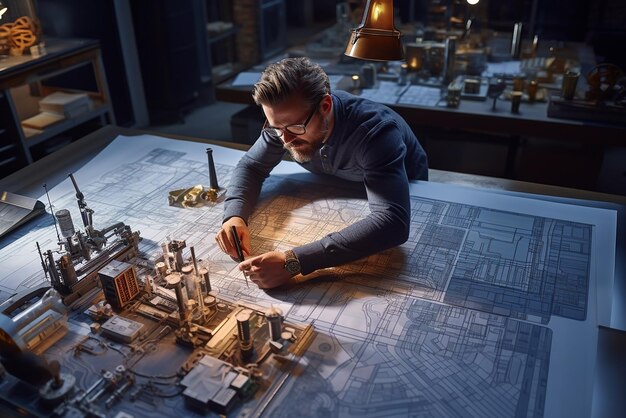 A mans hand is looking at a drawing of a building with a city in the background