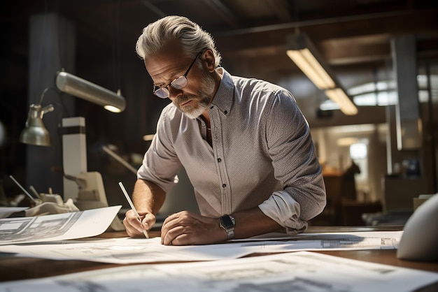 A mans hand is looking at a drawing of a building with a city in the background