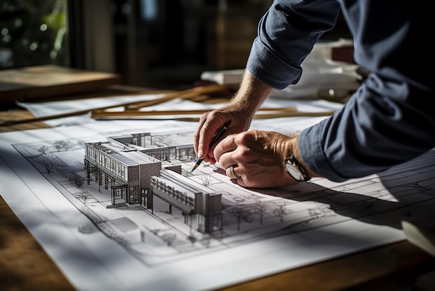 A mans hand is looking at a drawing of a building with a city in the background