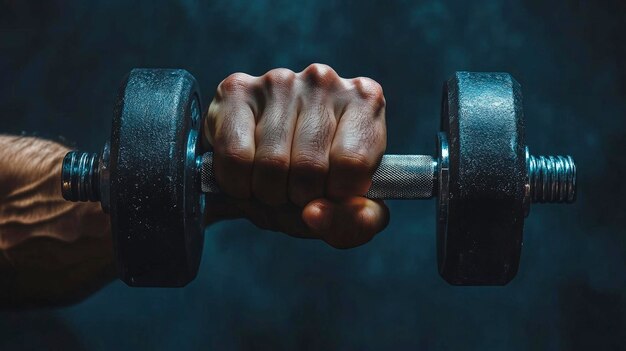 Photo mans hand lifting a dumbbell physical strength high contrast gym lighting