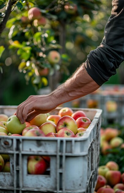 Photo a mans hand places apples into a white plastic crate with an apple orchard in the background