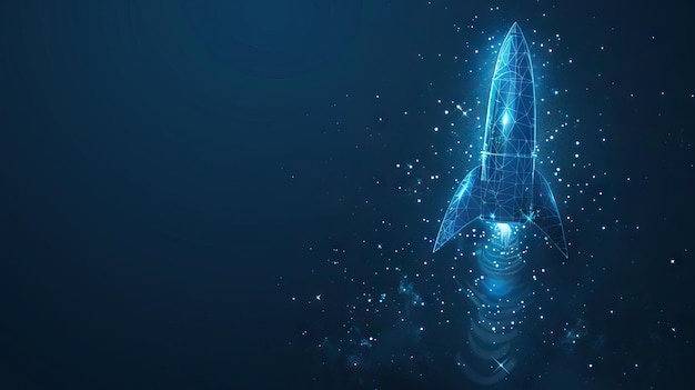 Photo mans hand pointing to light rocket on dark background ai generated illustration