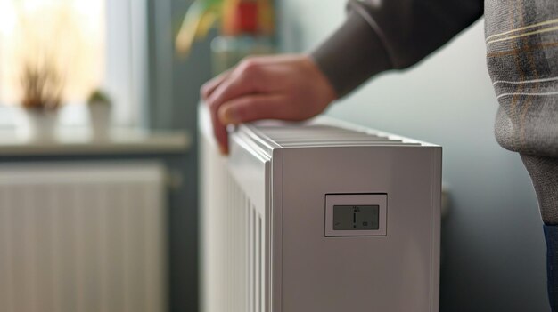 A mans hand sets the temperature control on the narrow side of a white modern heating radiator