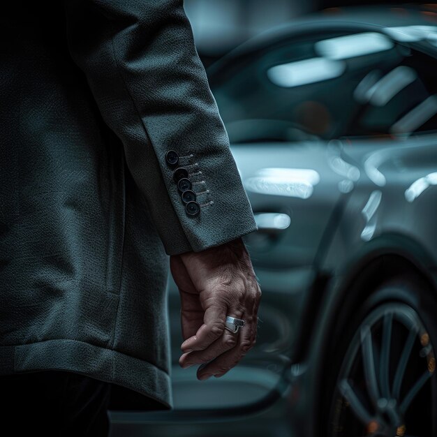 Photo a mans hand with a ring wearing a grey jacket stands near a blurry car