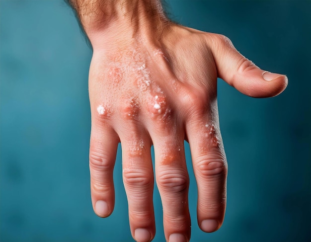 Photo a mans hand with visible eczema patches illustrating the impact of skin health issues on daily life