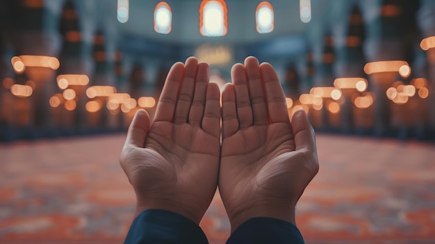 Mans hands making a dua gesture in a mosque