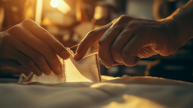 Photo a mans hands sewing a cloth on a bed