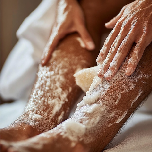 Photo a mans legs being exfoliated with a nourishing body scrub with a focus on relaxation and skin reju