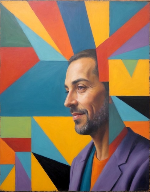 Mans portrait with abstract geometric shapes in oil painting