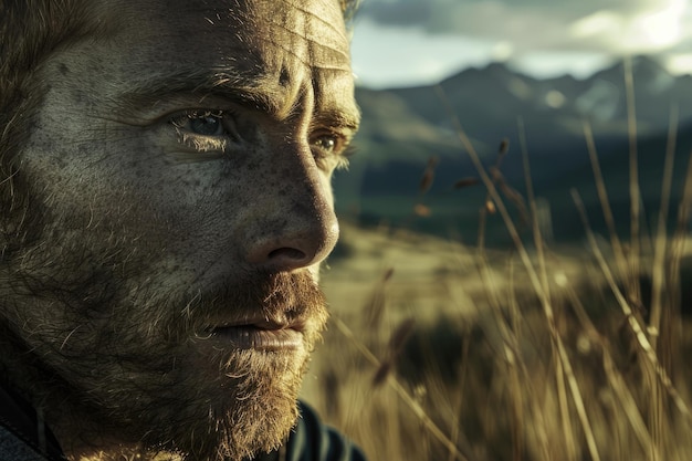 Photo mans thoughtful gaze on grassy hill with majestic mountains in background