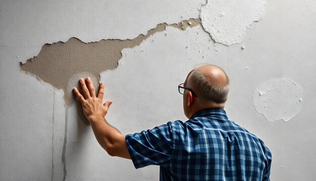 Photo a mans touch confronting the mold on a wall isolated with white highlights