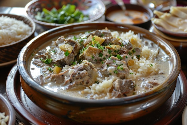 Mansaf a traditional Palestinian dish featuring tender lamb rice and yogurt sauce garnished with parsley served in a clay pot