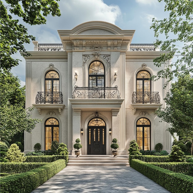 A mansion with an intricate faade and elegant front entrance