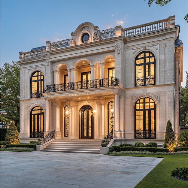 A mansion with an intricate faade and elegant front entrance