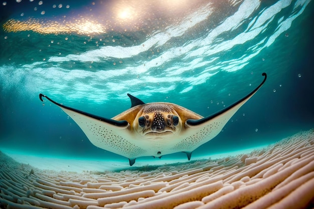 Manta ray floating over sandy bottom in ocean