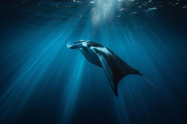 A manta ray glided through the deep blue ocean with the rays of sunlight shining down on its body a