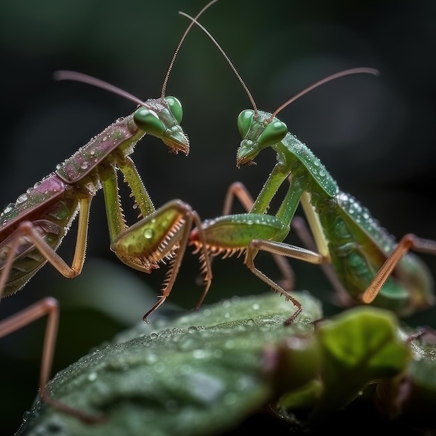 A mantis is on a leaf and the mantis is facing each other.