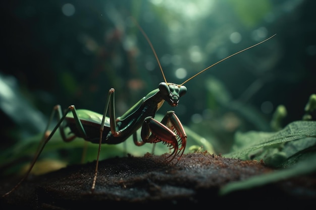 A mantis in a jungle with a green background