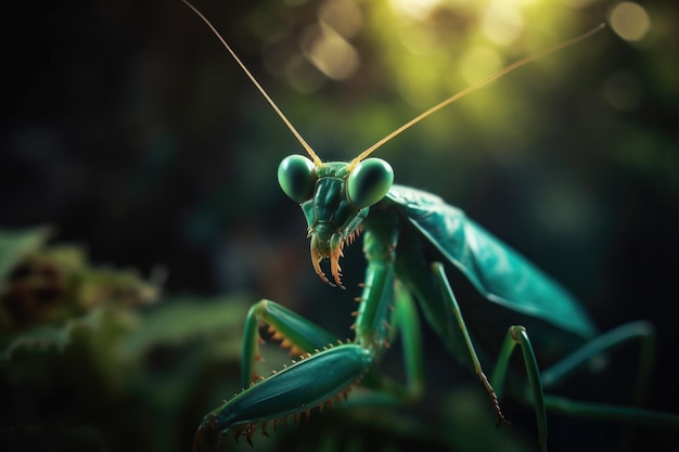 A mantis sits on a leaf in the dark.